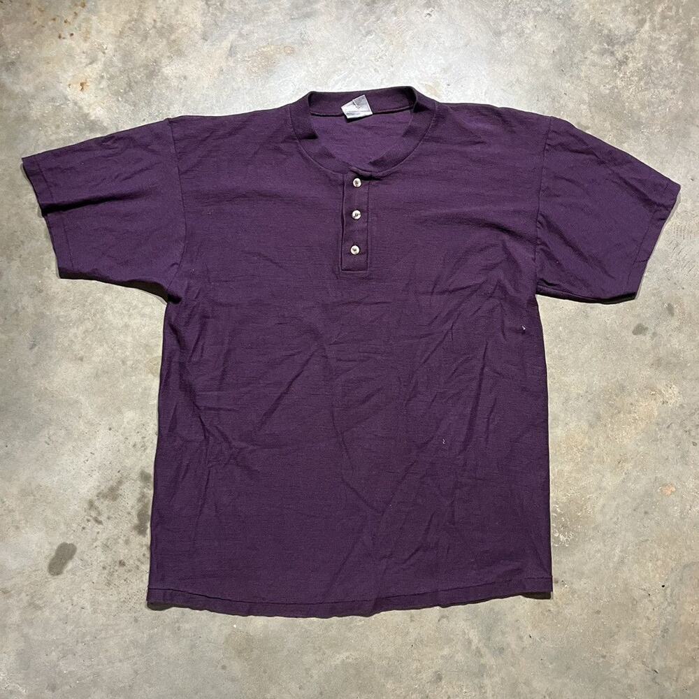 Vintage 90s Oneita Purple Ribbed Henley Short Sleeve T-Shirt